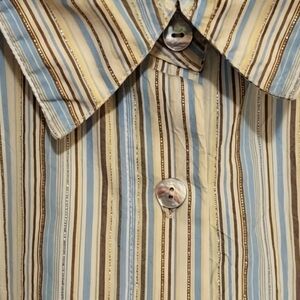 Vintage Liz Claiborne Women's 3/4 Sleeve Metallic Gold/Blue Striped Button-Up 3X